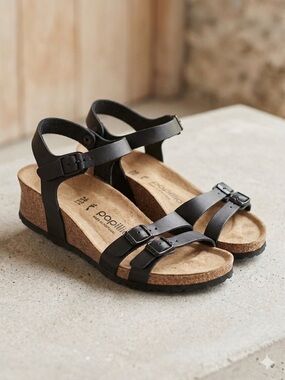 Birkenstock Papillio Wedge Sandals EU 39 US 8 Black Ankle Strap Cork Footbed EUC